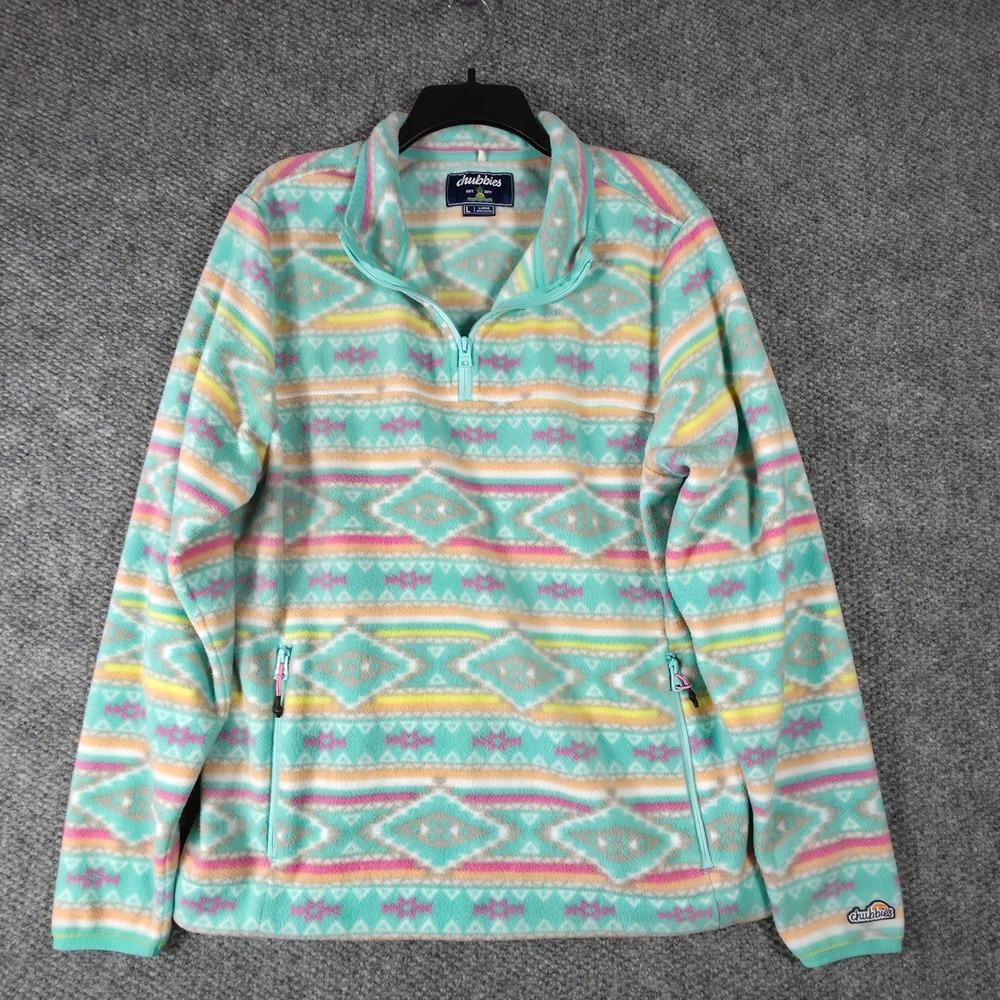 Chubbies Men Large Fleece Quarter Zip Pullover Large Teal Pink Aztec Print